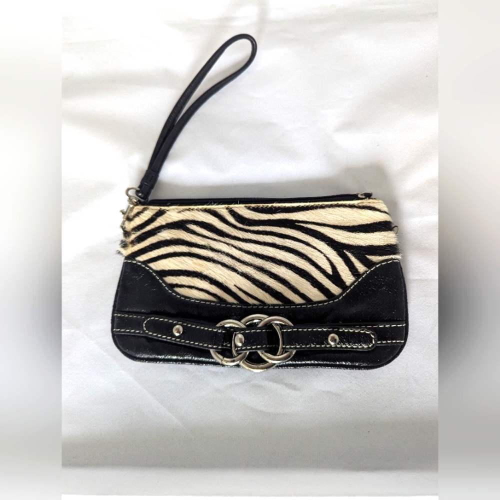 WILSON'S LEATHER BLACK PATENT LEATHER & ZEBRA PRINT WRISTLET 8" x 5"